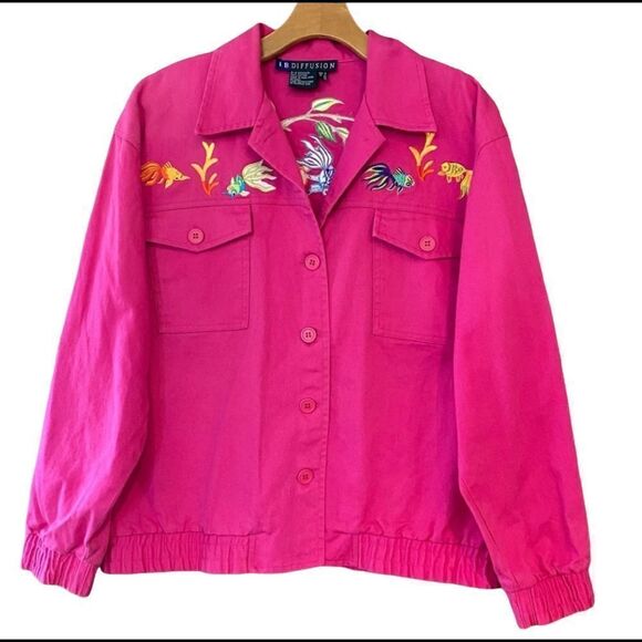 I.B. Diffusion Sz 8 Fuschia Pink Heavy Embroidered Koi Fish Vintage Jacket - Picture 2 of 12